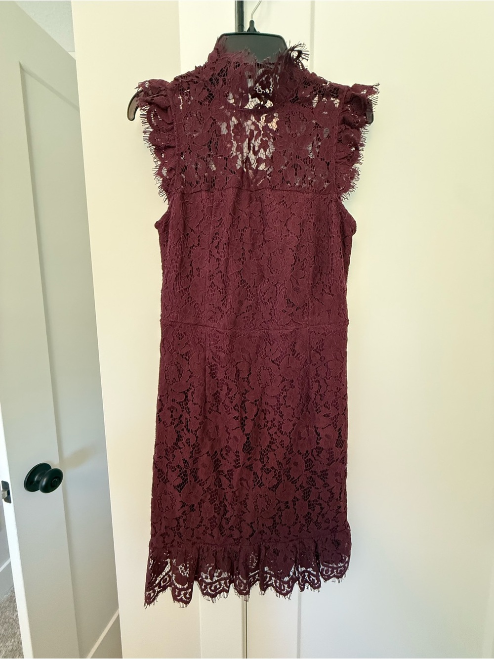 Storia Burgundy Lace Midi Dress with High Neck